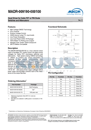 MADR-009190-0001TR datasheet - Quad Driver for GaAs FET or PIN Diode Switches and Attenuators