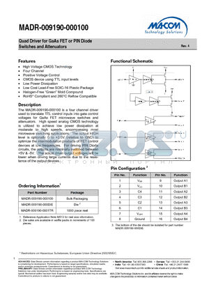 MADR-009190-0001TR datasheet - Quad Driver for GaAs FET or PIN Diode