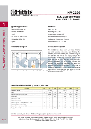 HMC392 datasheet - GaAs MMIC LOW NOISE AMPLIFIER, 3.5 - 7.0 GHz