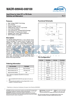 MADR-009443-000100 datasheet - Quad Driver for GaAs FET or PIN Diode Switches and Attenuators