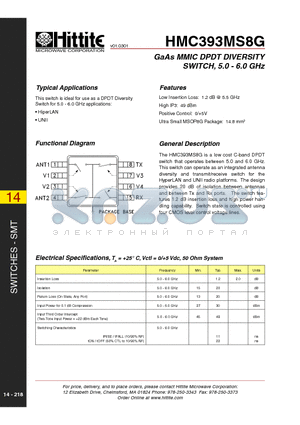 HMC393MS8G datasheet - GaAs MMIC DPDT DIVERSITY SWITCH, 5.0 - 6.0 GHz