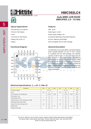 HMC392LC4 datasheet - GaAs MMIC LOW NOISE AMPLIFIER, 3.5 - 7.0 GHz