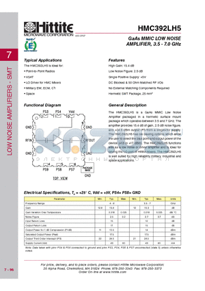 HMC392LH5 datasheet - GaAs MMIC LOW NOISE AMPLIFIER, 3.5 - 7.0 GHz
