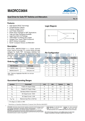 MADRCC0004TR datasheet - Quad Driver for GaAs FET Switches and Attenuators