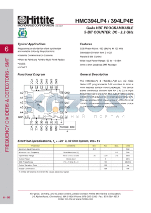 HMC394LP4 datasheet - GaAs HBT PROGRAMMABLE 5-BIT COUNTER, DC - 2.2 GHz