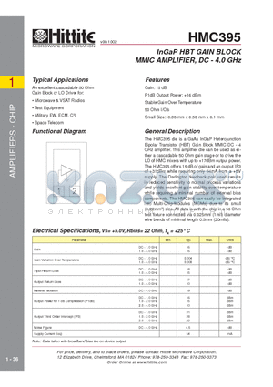 HMC395 datasheet - InGaP HBT GAIN BLOCK MMIC AMPLIFIER, DC - 4.0 GHz