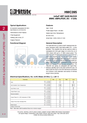 HMC395 datasheet - InGaP HBT GAIN BLOCK MMIC AMPLIFIER, DC - 4 GHz