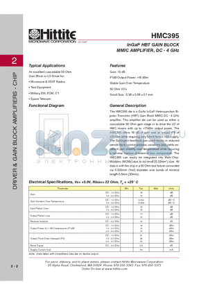 HMC395 datasheet - InGaP HBT GAIN BLOCK MMIC AMPLIFIER, DC - 4 GHz