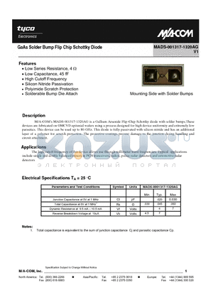 MADS-001317-1320AG datasheet - GaAs Solder Bump Flip Chip Schottky Diode