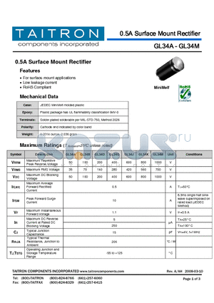 GL34G datasheet - 0.5A Surface Mount Rectifier