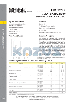 HMC397 datasheet - InGaP HBT GAIN BLOCK MMIC AMPLIFIER, DC - 10.0 GHz