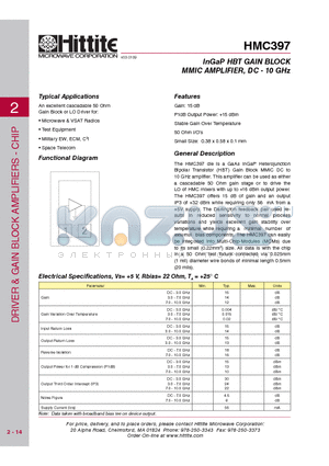 HMC397 datasheet - InGaP HBT GAIN BLOCK MMIC AMPLIFIER, DC - 10 GHz