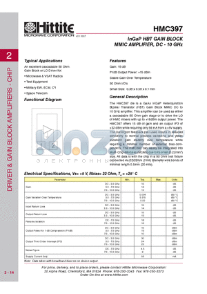 HMC397 datasheet - InGaP HBT GAIN BLOCK MMIC AMPLIFIER, DC - 10 GHz