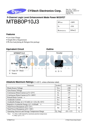 MTBB0P10J3 datasheet - P-Channel Logic Level Enhancement Mode Power MOSFET