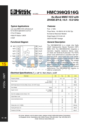 HMC398QS16G datasheet - Ku-Band MMIC VCO with DIVIDE-BY-8, 14.0 - 15.0 GHz