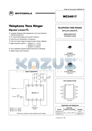 MC34017 datasheet - TELEPHONE TONE RINGER BIPOLAR LINEAR/I2L