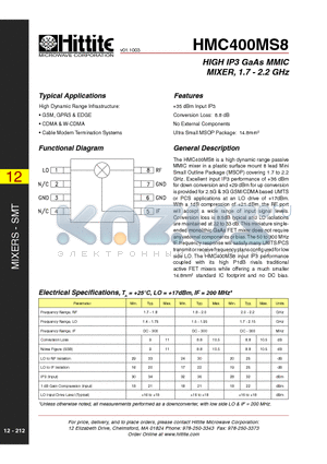 HMC400MS8 datasheet - HIGH IP3 GaAs MMIC MIXER, 1.7 - 2.2 GHz