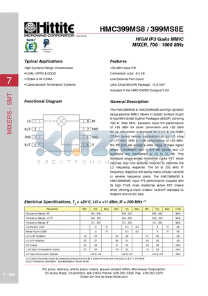 HMC399MS8 datasheet - HIGH IP3 GaAs MMIC MIXER, 700 - 1000 MHz