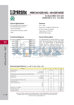 HMC401QS16G datasheet - Ku-Band MMIC VCO with DIVIDE-BY-8, 13.2 - 13.5 GHz