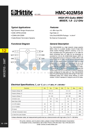 HMC402MS8 datasheet - HIGH IP3 GaAs MMIC MIXER, 1.8 - 2.2 GHz