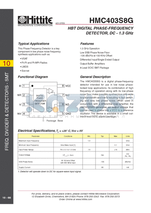 HMC403S8G datasheet - HBT DIGITAL PHASE-FREQUENCY DETECTOR, DC - 1.3 GHz