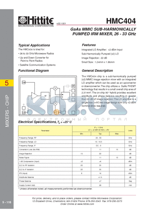 HMC404 datasheet - GaAs MMIC SUB-HARMONICALLY PUMPED IRM MIXER, 26 - 33 GHz