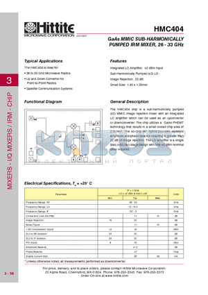 HMC404 datasheet - GaAs MMIC SUB-HARMONICALLY PUMPED IRM MIXER, 26 - 33 GHz