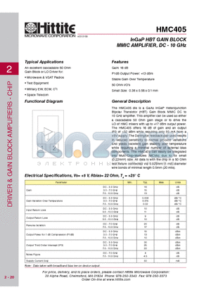 HMC405_09 datasheet - InGaP HBT GAIN BLOCK MMIC AMPLIFIER, DC - 10 GHz