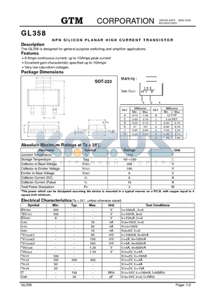 GL358 datasheet - NPN SILICON PLANAR HIGH CURRENT TRANSISTOR