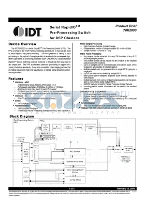 70K2000 datasheet - Serial RapidIO Pre-Processing Switch for DSP Clusters