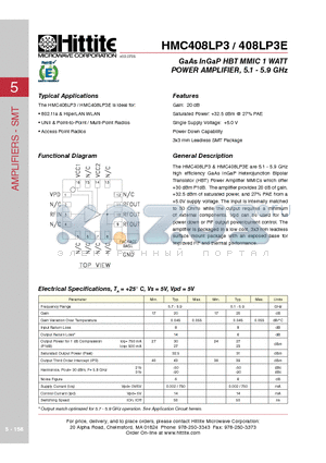 HMC408LP3_06 datasheet - GaAs InGaP HBT MMIC 1 WATT  POWER AMPLIFIER, 5.1 - 5.9 GHz