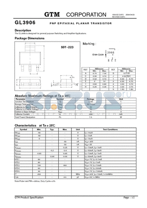 GL3906 datasheet - PNP EPITAXIAL PLANAR TRANSISTOR