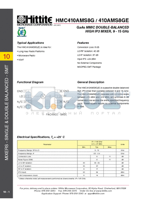 HMC410AMS8GE datasheet - GaAs MMIC DOUBLE-BALANCED HIGH IP3 MIXER, 9 - 15 GHz