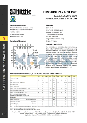 HMC409LP4 datasheet - GaAs InGaP HBT 1 WATT POWER AMPLIFIER, 3.3 - 3.8 GHz