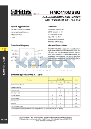 HMC410MS8G datasheet - GaAs MMIC DOUBLE-BALANCED HIGH IP3 MIXER, 9.0 - 15.0 GHz
