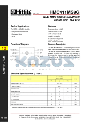 HMC411MS8G datasheet - GaAs MMIC SINGLE-BALANCED MIXER, 10.0 - 15.0 GHz