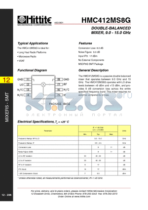 HMC412MS8G datasheet - DOUBLE-BALANCED MIXER, 9.0 - 15.0 GHz