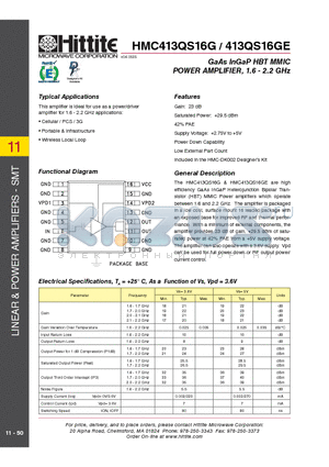 HMC413QS16GE datasheet - GaAs InGaP HBT MMIC POWER AMPLIFIER, 1.6 - 2.2 GHz