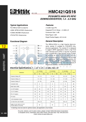 HMC421QS16 datasheet - PCS/UMTS HIGH IP3 RFIC DOWNCONVERTER, 1.4 - 2.3 GHz