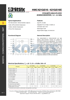 HMC421QS16E datasheet - PCS/UMTS HIGH IP3 RFIC DOWNCONVERTER, 1.4 - 2.3 GHz