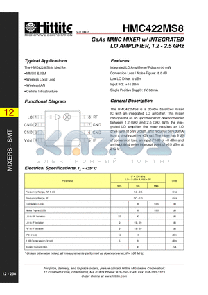 HMC422MS8 datasheet - GaAs MMIC MIXER w/ INTEGRATED LO AMPLIFIER, 1.2 - 2.5 GHz