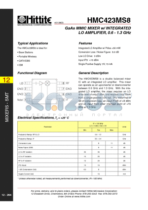 HMC423MS8 datasheet - GaAs MMIC MIXER w/ INTEGRATED LO AMPLIFIER, 2.0 - 2.8 GHz