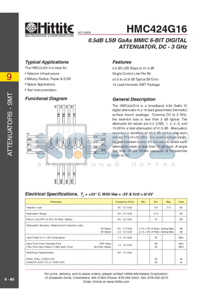 HMC424G16 datasheet - 0.5dB LSB GaAs MMIC 6-BIT DIGITAL ATTENUATOR, DC - 3 GHz