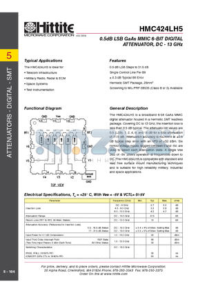 HMC424LH5 datasheet - 0.5dB LSB GaAs MMIC 6-BIT DIGITAL ATTENUATOR, DC - 13 GHz