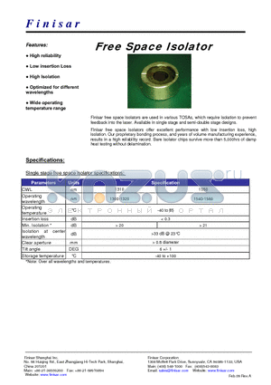 FIF-S-31-080-R datasheet - Free Space Isolator