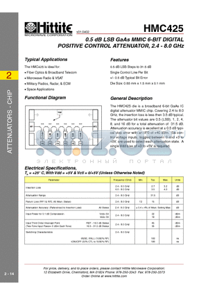 HMC425 datasheet - 0.5 dB LSB GaAs MMIC 6-BIT DIGITAL POSITIVE CONTROL ATTENUATOR, 2.4 - 8.0 GHz