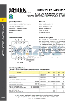 HMC425LP3E datasheet - 0.5 dB LSB GaAs MMIC 6-BIT DIGITAL POSITIVE CONTROL ATTENUATOR, 2.2 - 8.0 GHz