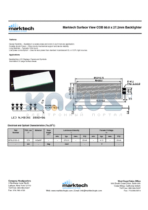 MTBL2125-G datasheet - Marktech Surface View COB 80.0 x 27.2mm Backlighter