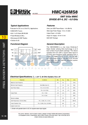 HMC426MS8 datasheet - SMT SiGe MMIC DIVIDE-BY-4, DC - 4.0 GHz