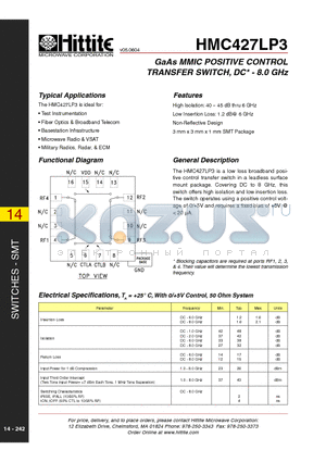 HMC427LP3 datasheet - GaAs MMIC POSITIVE CONTROL TRANSFER SWITCH, DC - 8.0 GHz